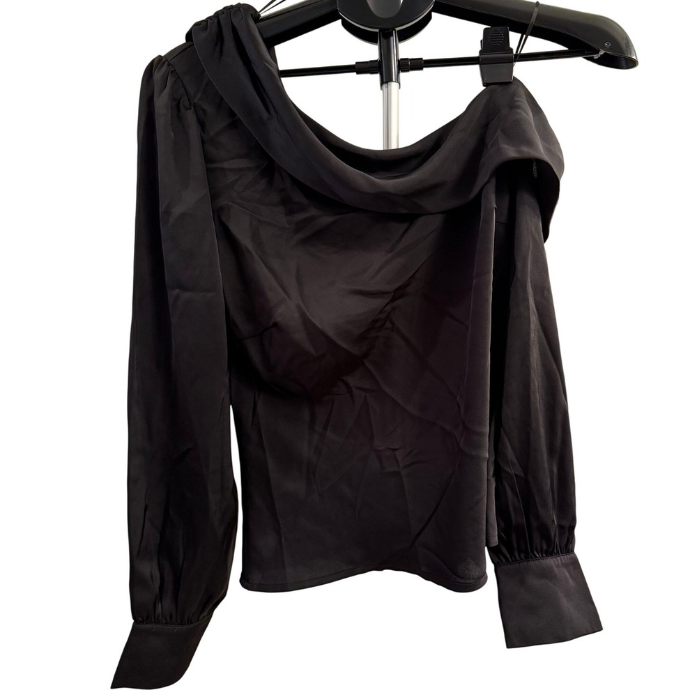 ASTR The Label Black One Shoulder Draped Satin Blouse Top Size M NWT